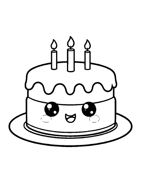 Line drawing of a cute smiling two-layer birthday cake with three candles