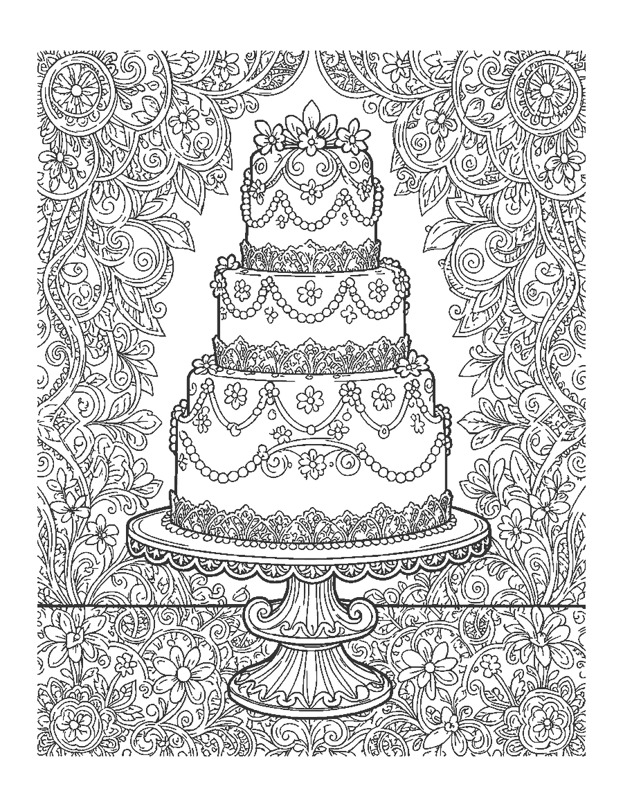 Line drawing of a five-tier cake covered in lace piping, sugar flowers and pearls