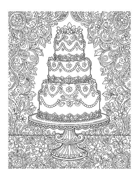 Line drawing of a five-tier cake covered in lace piping, sugar flowers and pearls