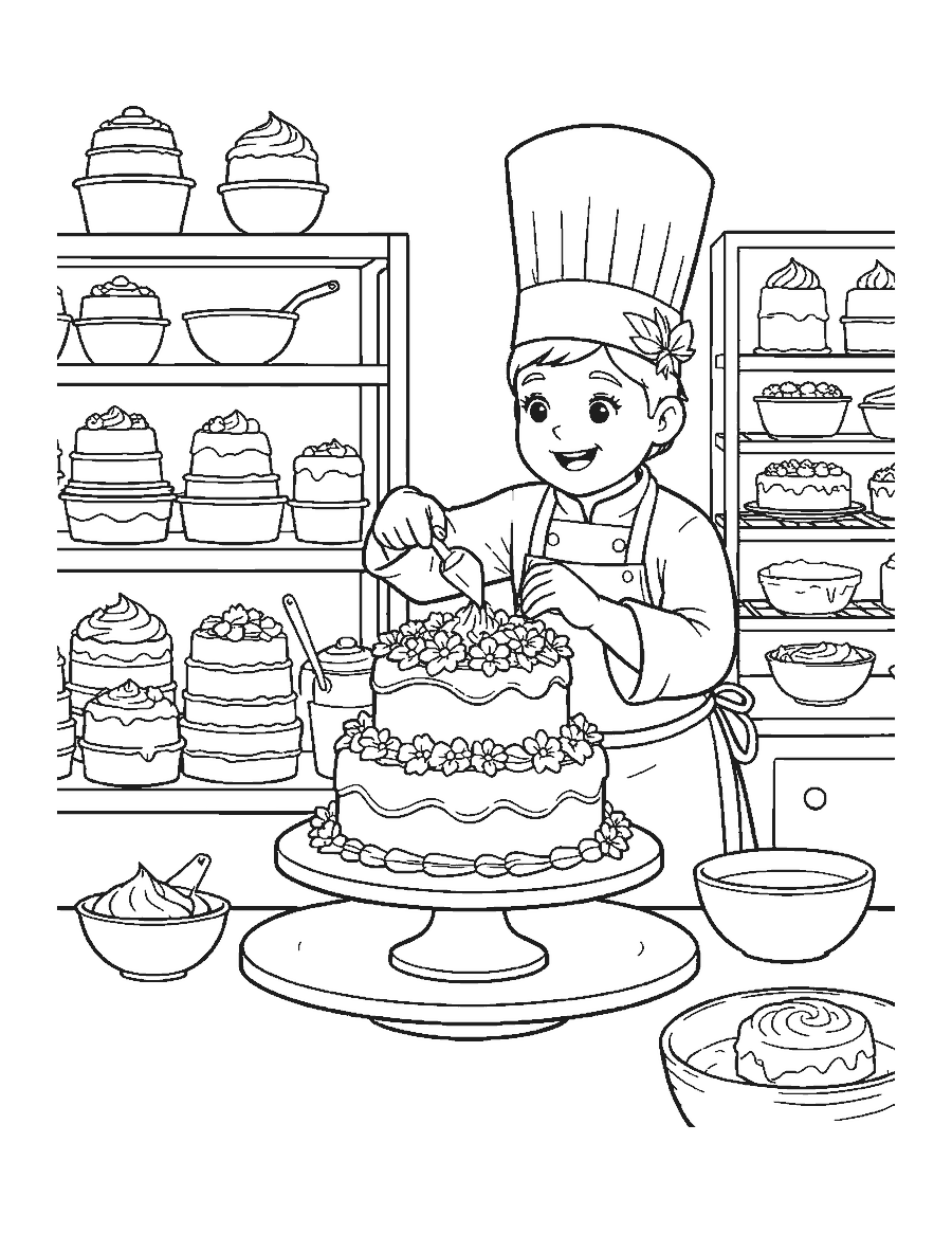 Line drawing of a pastry chef piping flowers onto a four-tier cake in a bakery kitchen