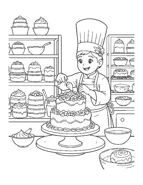 Line drawing of a pastry chef piping flowers onto a four-tier cake in a bakery kitchen