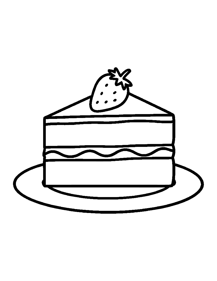 Line drawing of a slice of layer cake with cream layers and a strawberry on top
