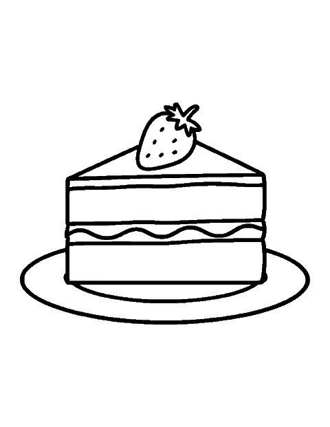 Line drawing of a slice of layer cake with cream layers and a strawberry on top