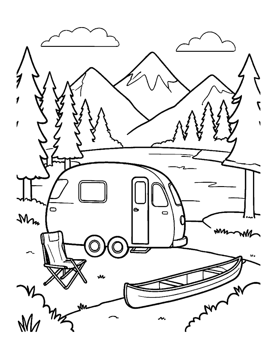 Line drawing of a camper van by a lake with a folding chair, a canoe and pine trees
