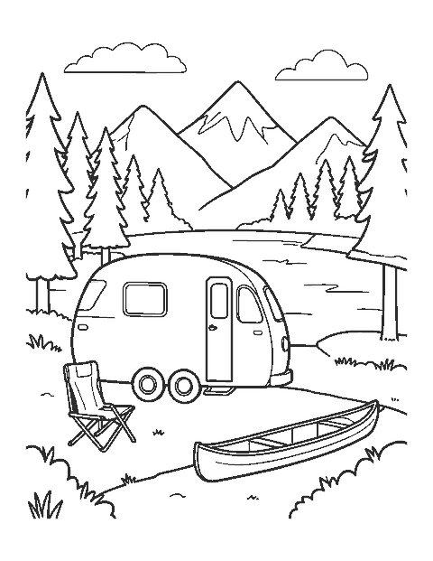 Line drawing of a camper van by a lake with a folding chair, a canoe and pine trees