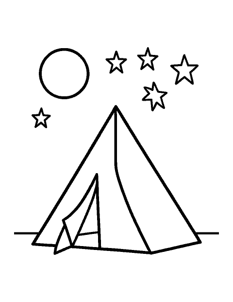 Line drawing of a triangle tent with an open flap under a full moon and big stars