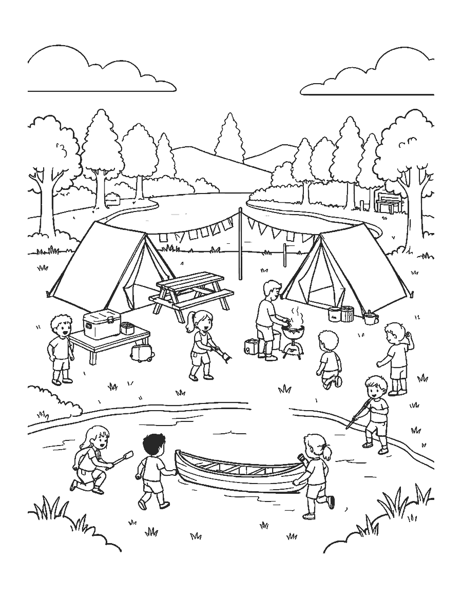 Line drawing of a family campsite with tents, a picnic table, a camp stove and a canoe