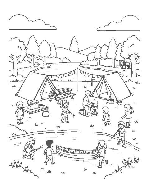 Line drawing of a family campsite with tents, a picnic table, a camp stove and a canoe