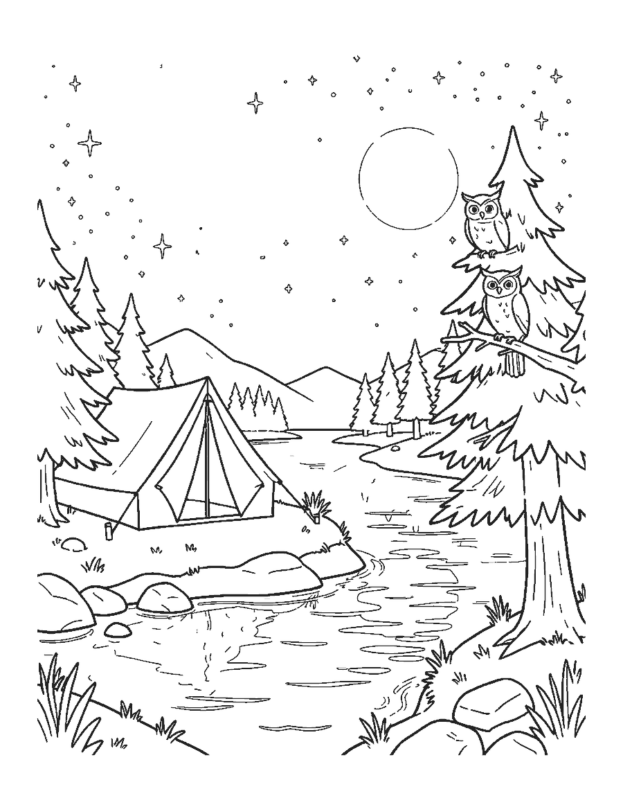 Line drawing of a glowing tent by a lake under a starry sky with an owl in a pine