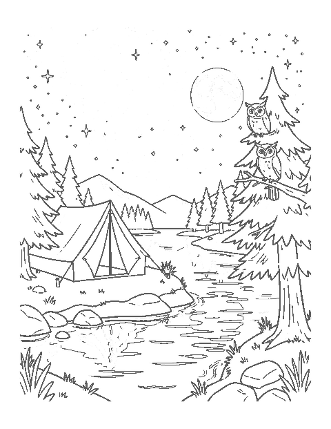 Line drawing of a glowing tent by a lake under a starry sky with an owl in a pine