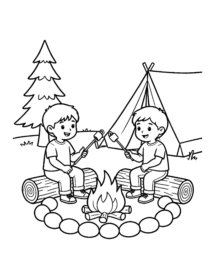 Line drawing of two kids on a log toasting marshmallows over a stone-ringed campfire