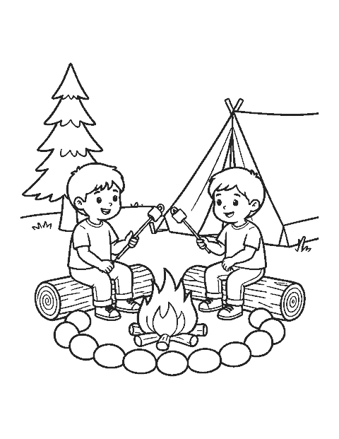 Line drawing of two kids on a log toasting marshmallows over a stone-ringed campfire