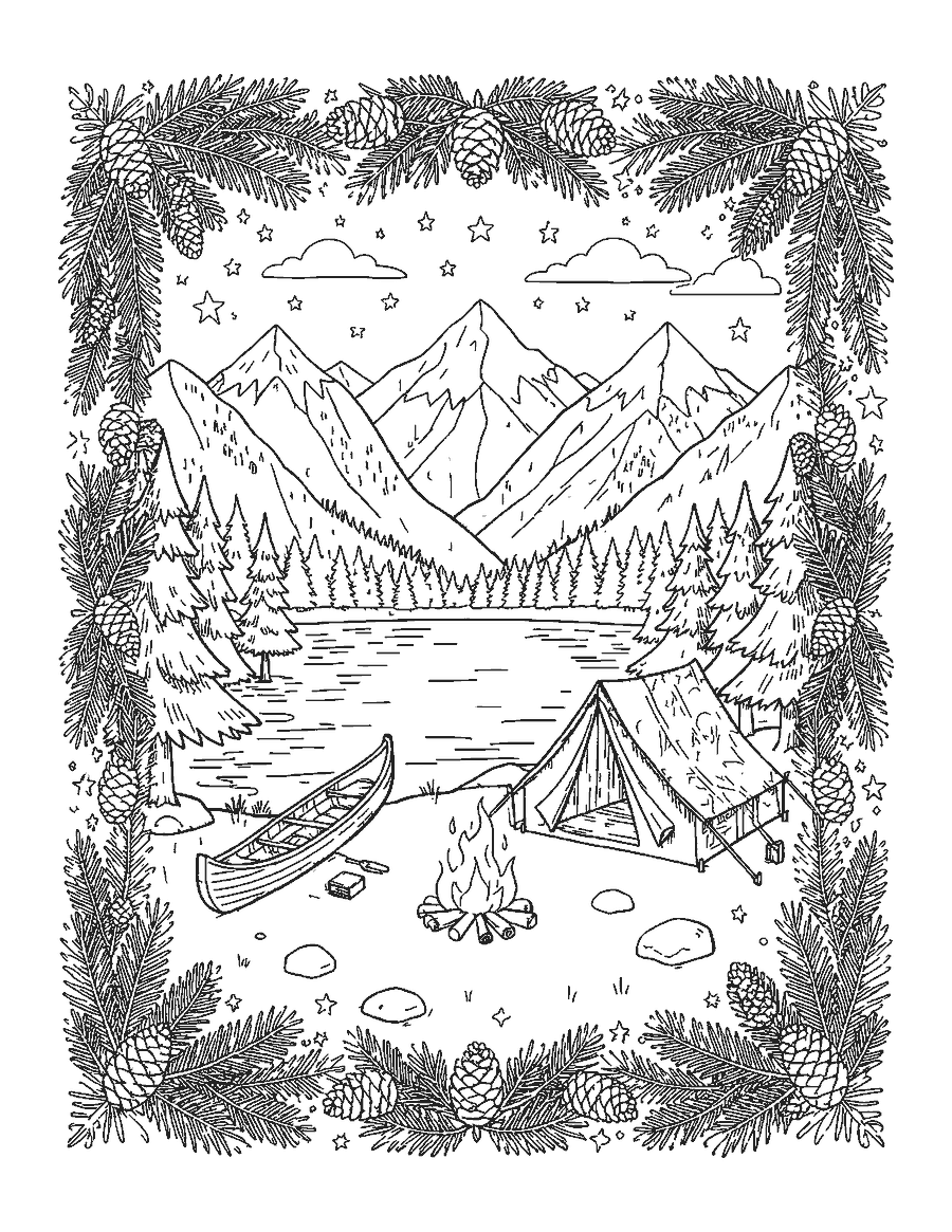 Line drawing of a mountain lake campsite inside a border of pine branches and pinecones