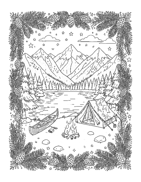 Line drawing of a mountain lake campsite inside a border of pine branches and pinecones