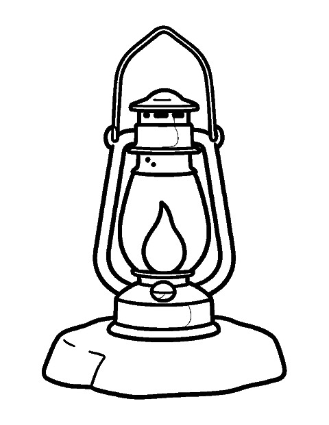 Line drawing of an old-fashioned camping lantern with a glowing flame on a flat rock