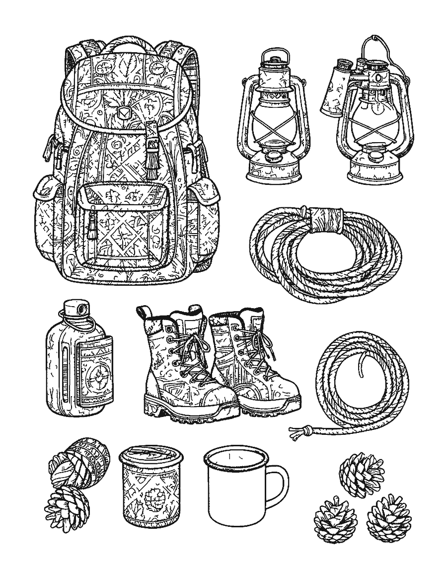 Line drawing of camping gear laid out from above, each item filled with fine patterns