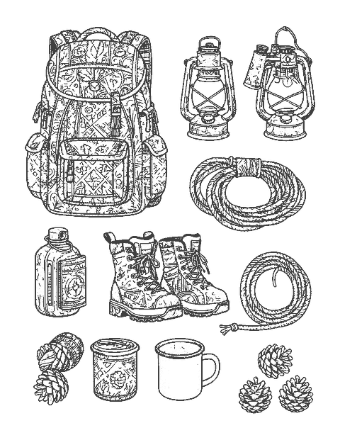 Line drawing of camping gear laid out from above, each item filled with fine patterns