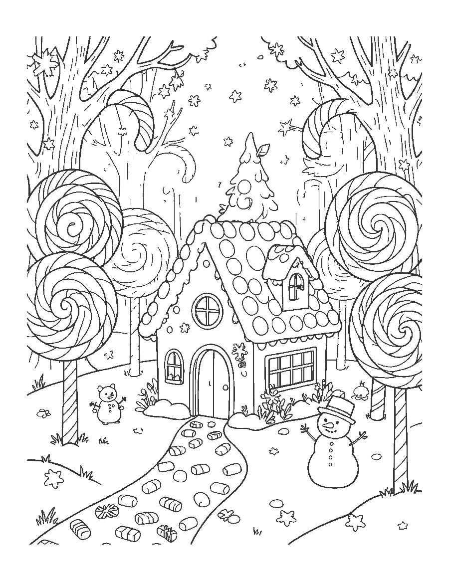 Line drawing of a snowy forest of candy canes and lollipops around a gingerbread cottage