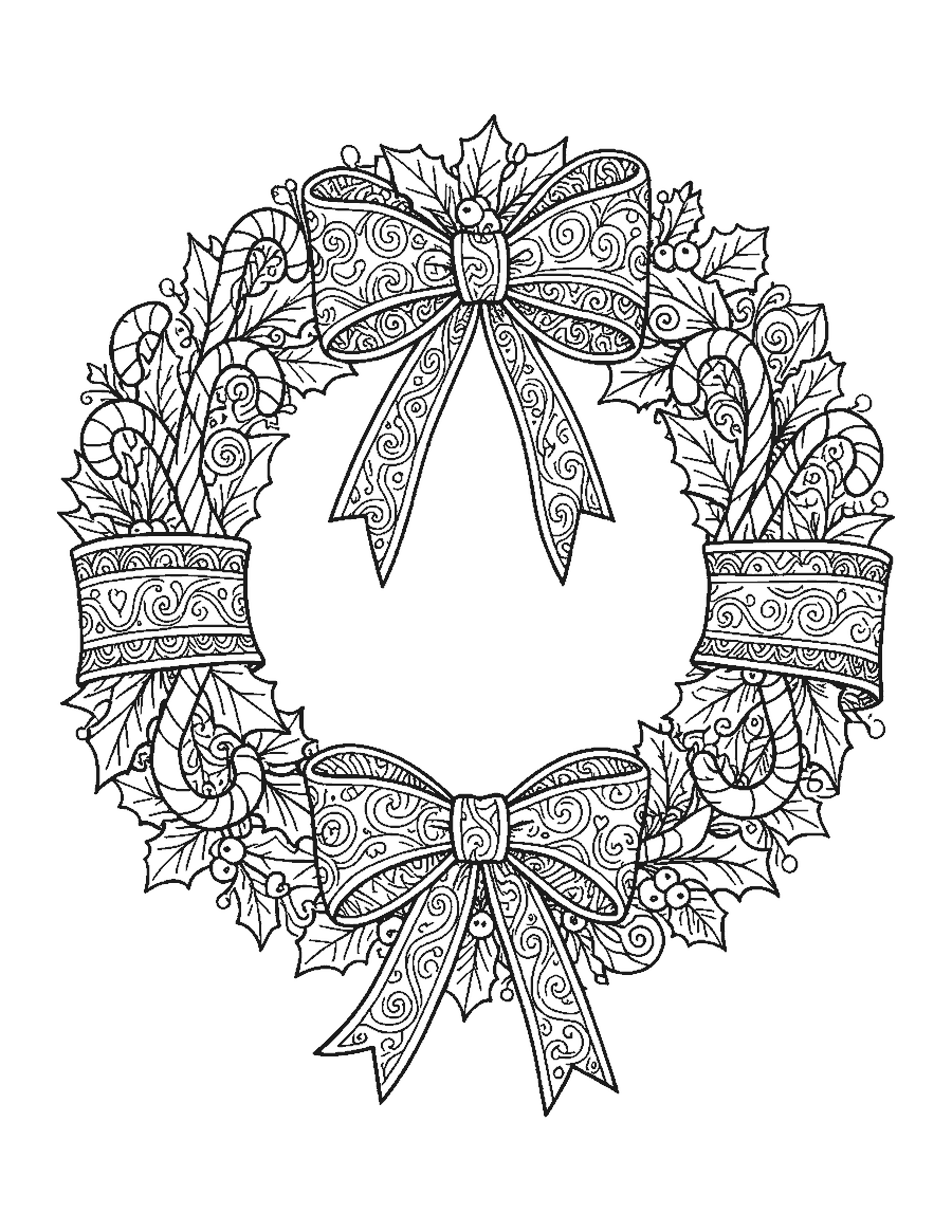 Line drawing of a wreath of candy canes, peppermints and holly with an ornate bow