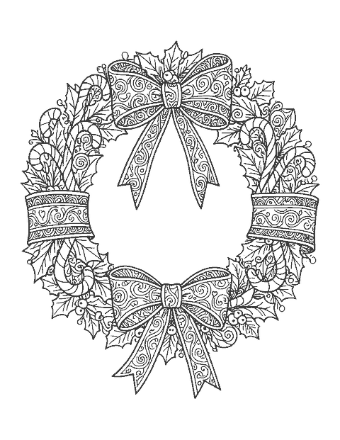 Line drawing of a wreath of candy canes, peppermints and holly with an ornate bow