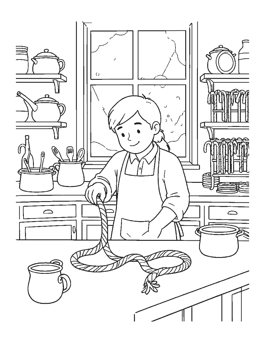 Line drawing of a candy maker twisting striped candy into candy canes in a kitchen