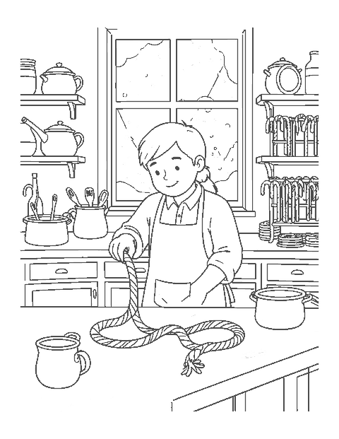 Line drawing of a candy maker twisting striped candy into candy canes in a kitchen