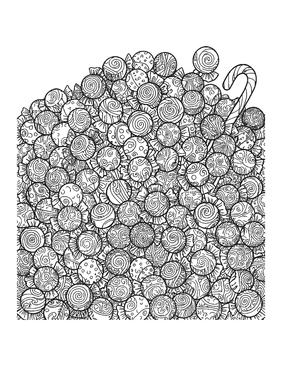 Line drawing of a heap of candies and lollipops filled with intricate doodle patterns