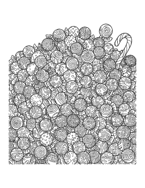 Line drawing of a heap of candies and lollipops filled with intricate doodle patterns