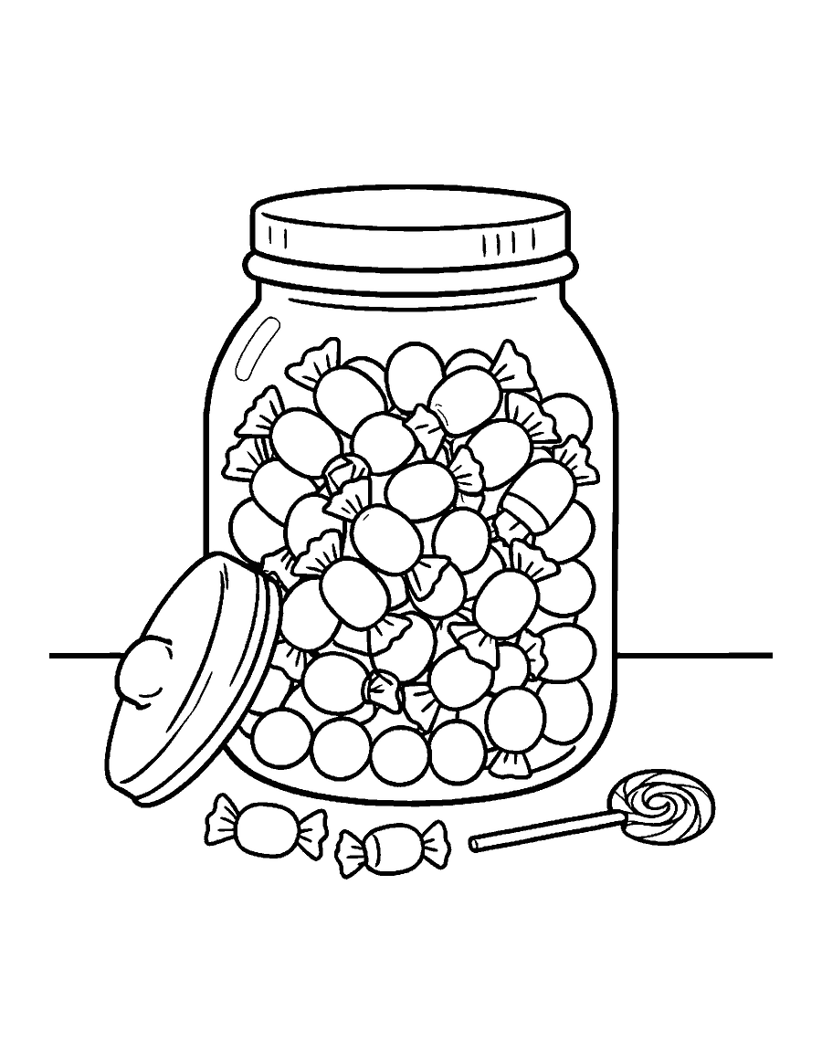 Line drawing of a glass jar full of candies with a few sweets spilled beside it