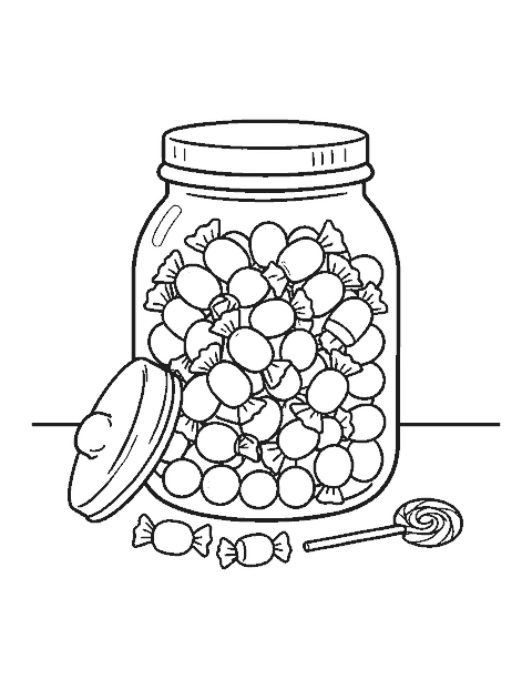 Line drawing of a glass jar full of candies with a few sweets spilled beside it