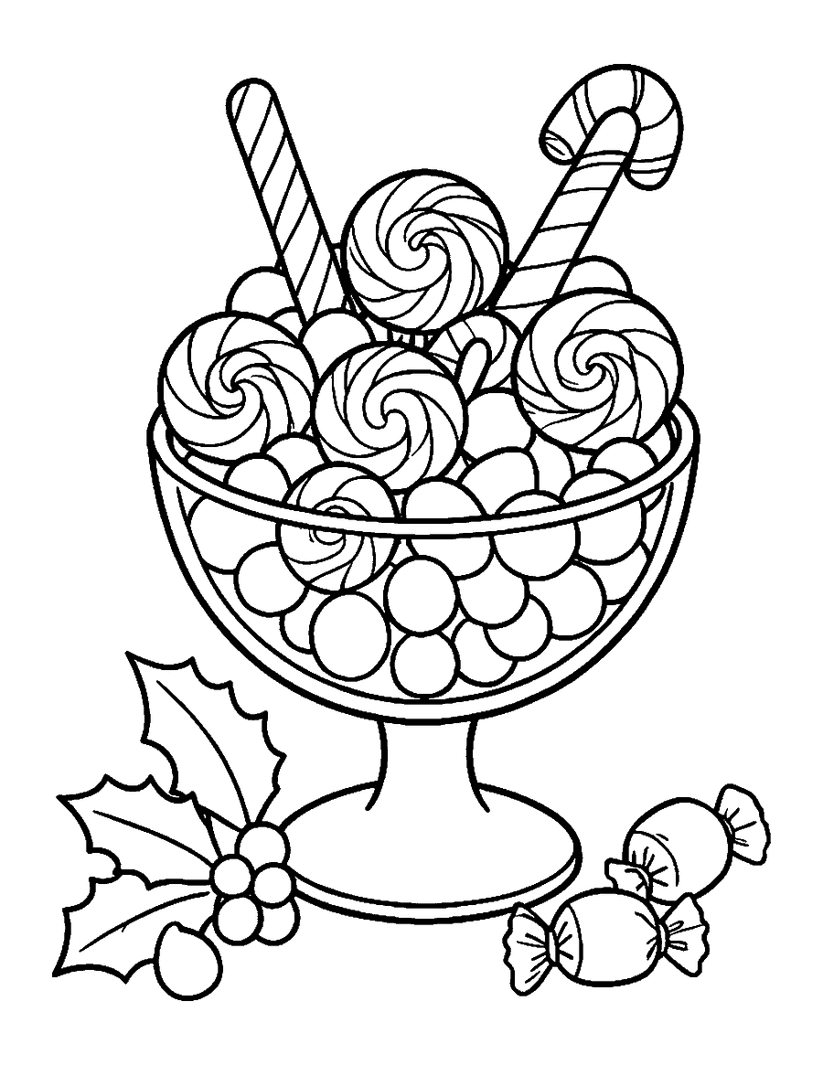 Line drawing of a glass candy dish full of peppermints, ribbon candy and little candy canes