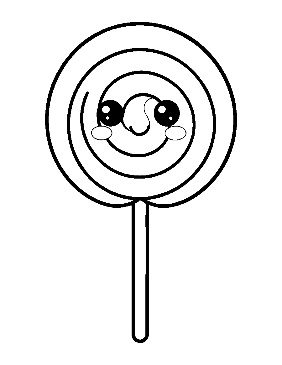 Line drawing of a cute round swirl lollipop with a smiling face on a stick