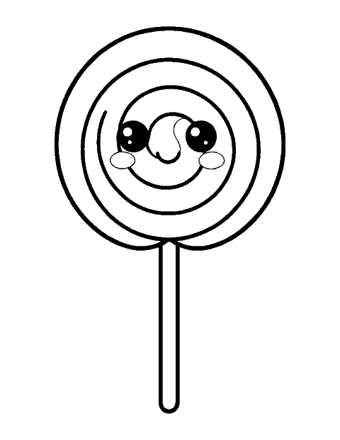 Line drawing of a cute round swirl lollipop with a smiling face on a stick