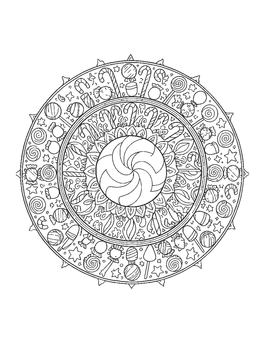 Line drawing of a mandala with a peppermint swirl center and rings of candy canes and lollipops