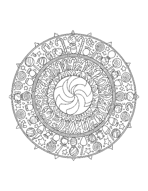 Line drawing of a mandala with a peppermint swirl center and rings of candy canes and lollipops