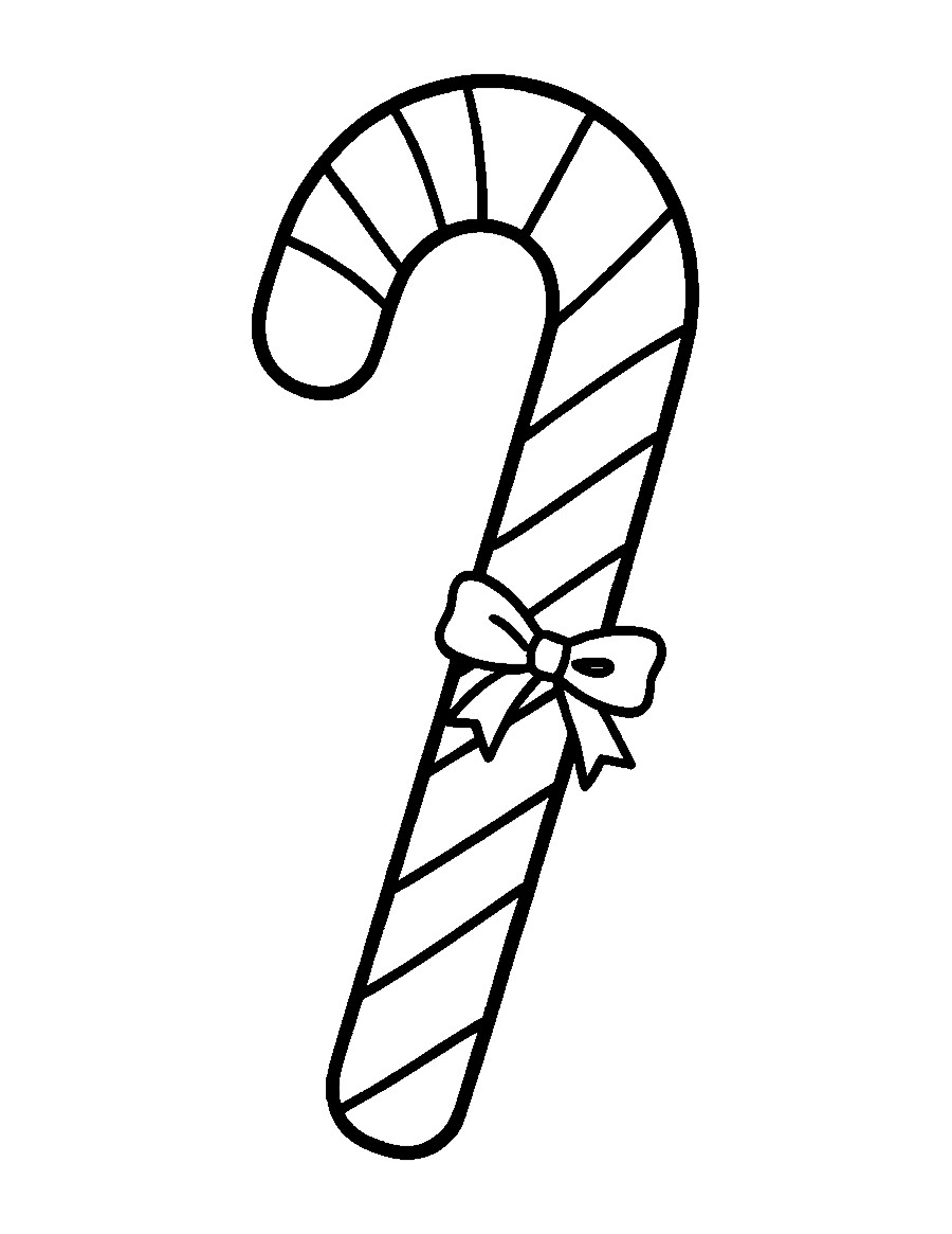 Line drawing of a big striped candy cane with a small bow below the hook