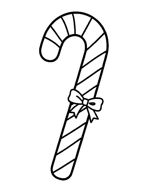 Line drawing of a big striped candy cane with a small bow below the hook