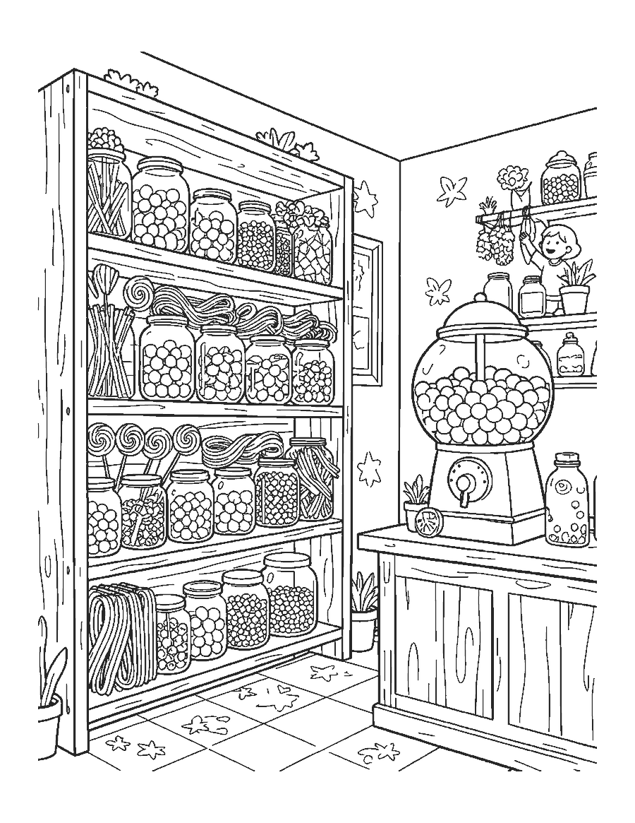 Line drawing of sweet shop shelves full of candy jars with a gumball machine and a child