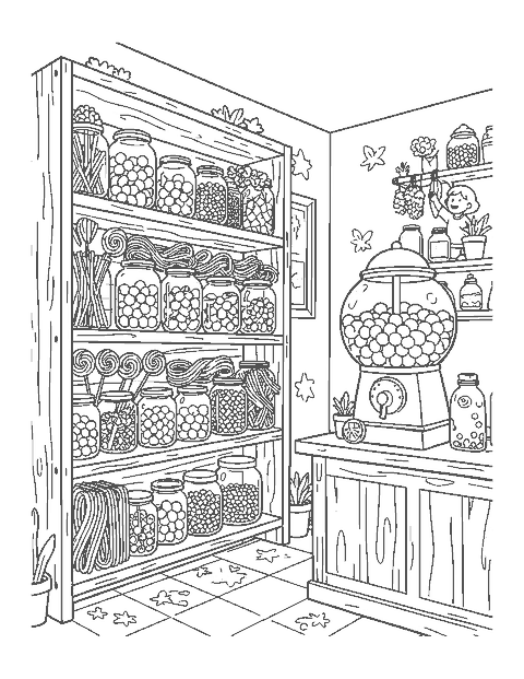 Line drawing of sweet shop shelves full of candy jars with a gumball machine and a child