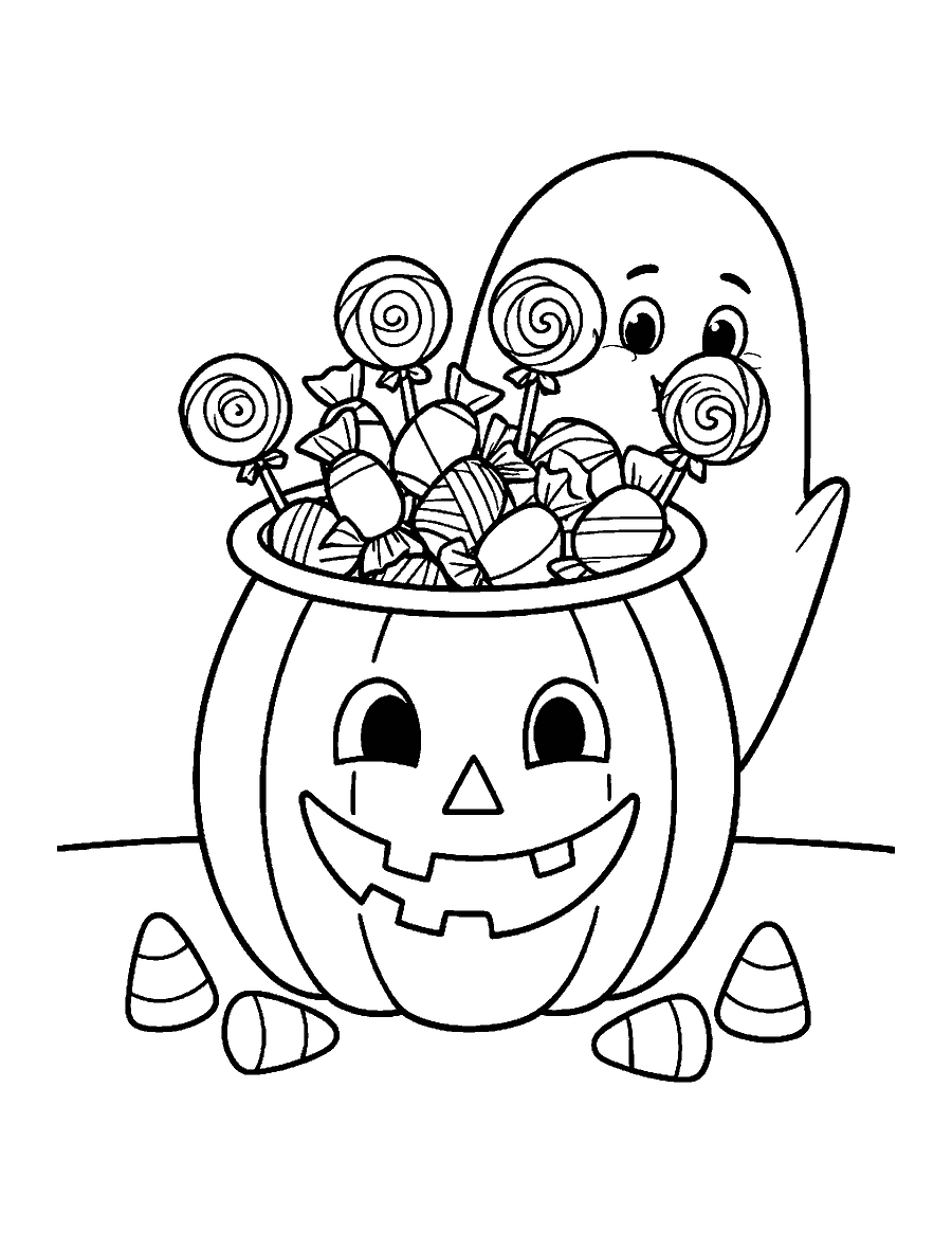 Line drawing of a smiling pumpkin bucket full of candy with a friendly ghost peeking out