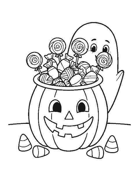 Line drawing of a smiling pumpkin bucket full of candy with a friendly ghost peeking out