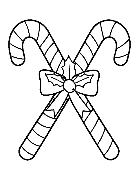 Line drawing of two striped candy canes crossed and tied with a bow and holly