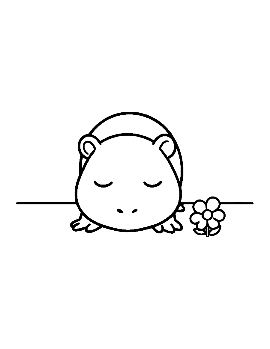 Line drawing of a baby capybara napping on its tummy beside a small flower