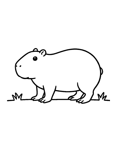 Line drawing of a capybara standing side-on with a blunt nose and round body