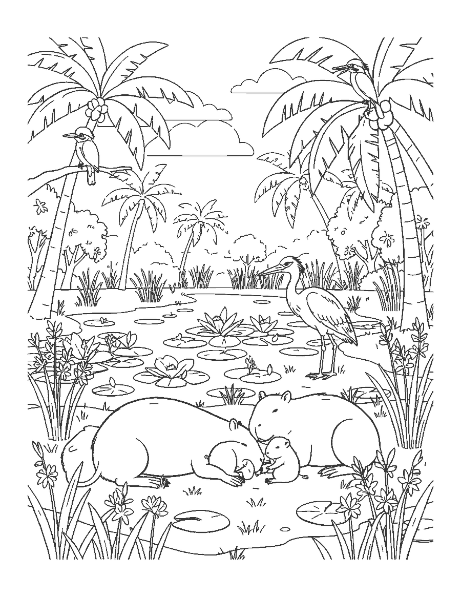 Line drawing of a capybara family resting on a wetland riverbank with a heron and palms