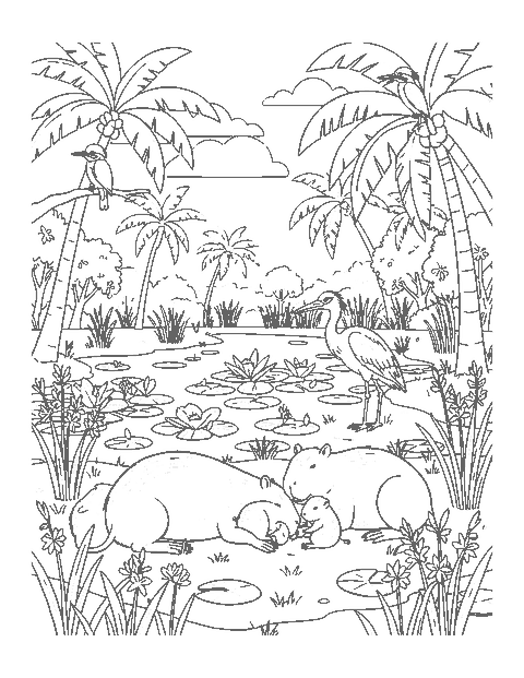 Line drawing of a capybara family resting on a wetland riverbank with a heron and palms