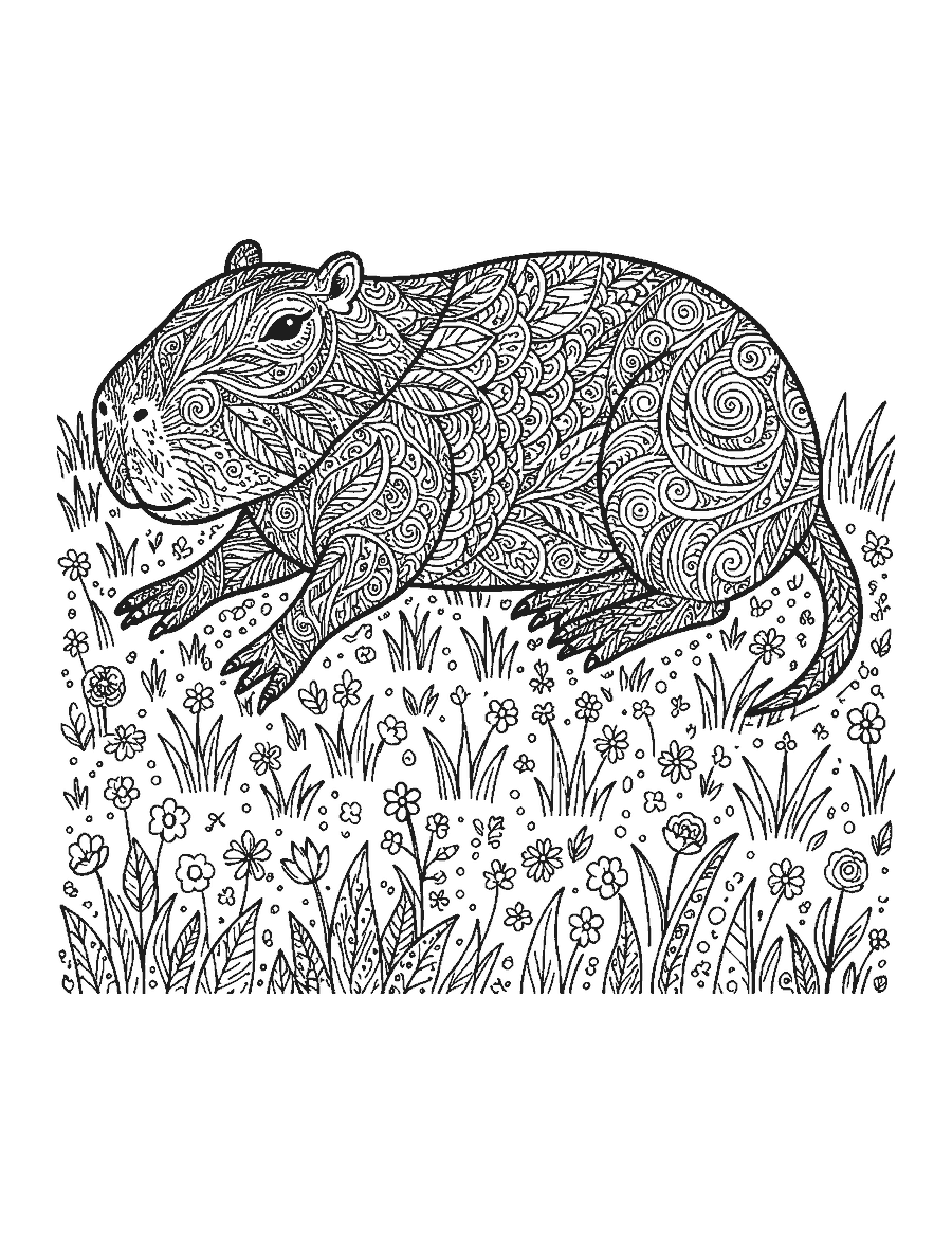 Line drawing of a capybara lying down with its body filled with doodle patterns