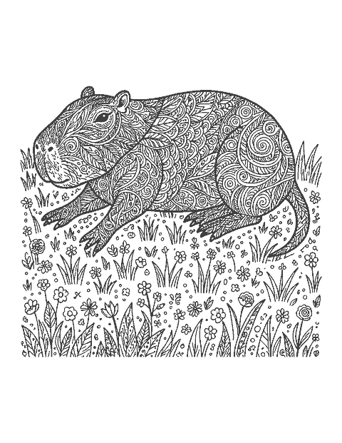 Line drawing of a capybara lying down with its body filled with doodle patterns