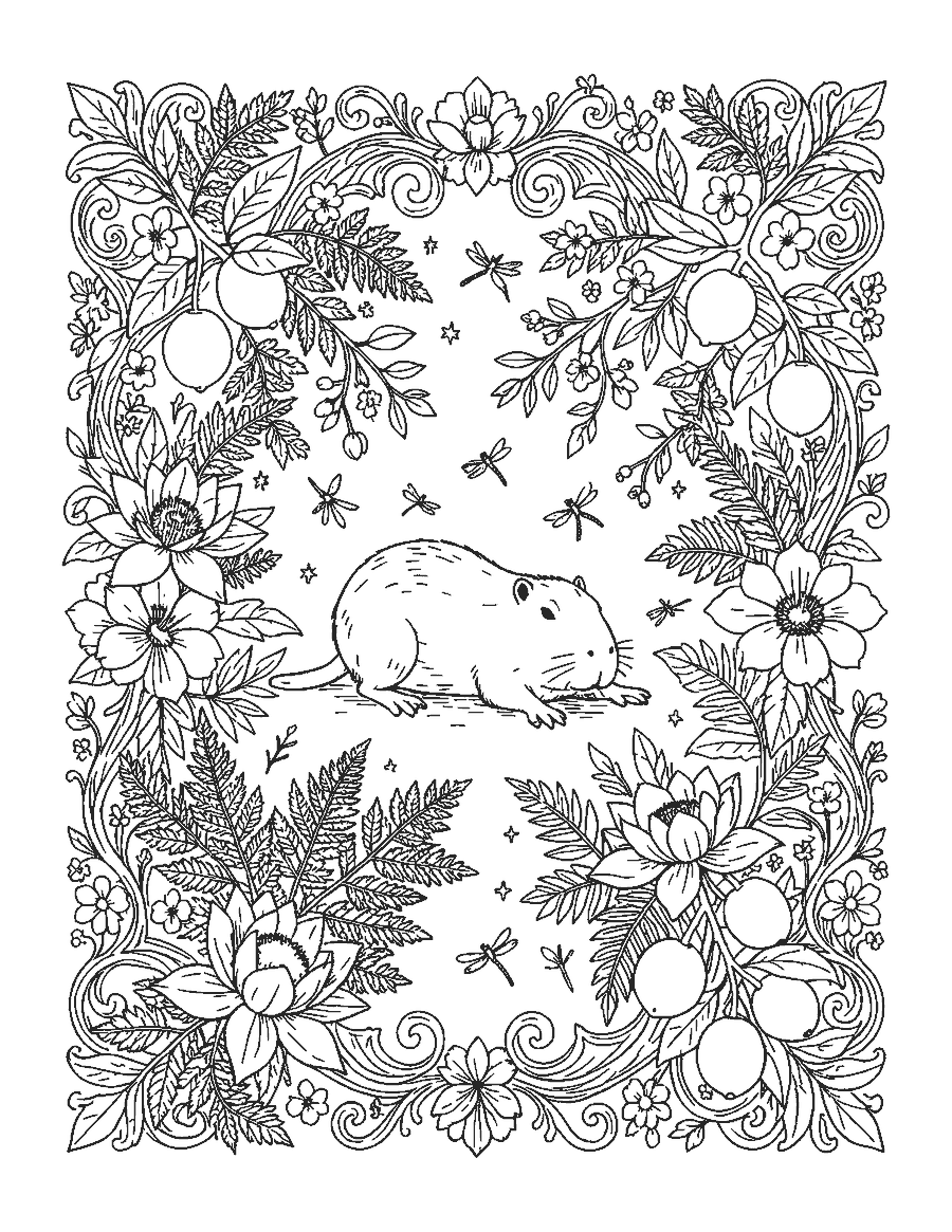Line drawing of a capybara framed by detailed water lilies, citrus branches and ferns