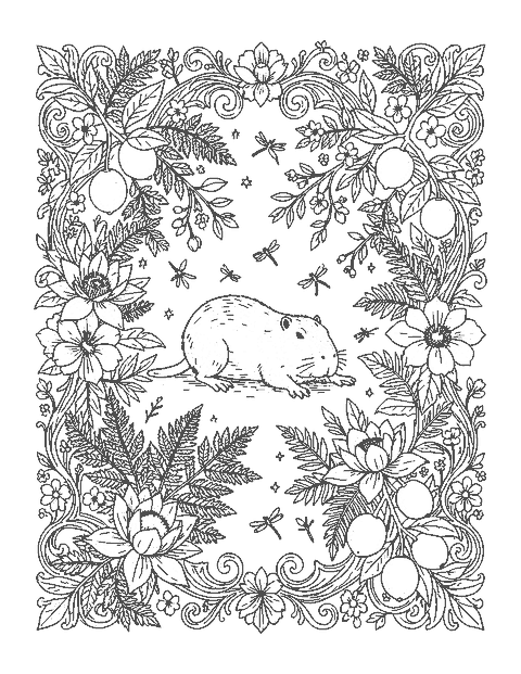Line drawing of a capybara framed by detailed water lilies, citrus branches and ferns